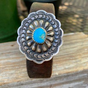 Old Concho with turquoise on Old leather bracelet
